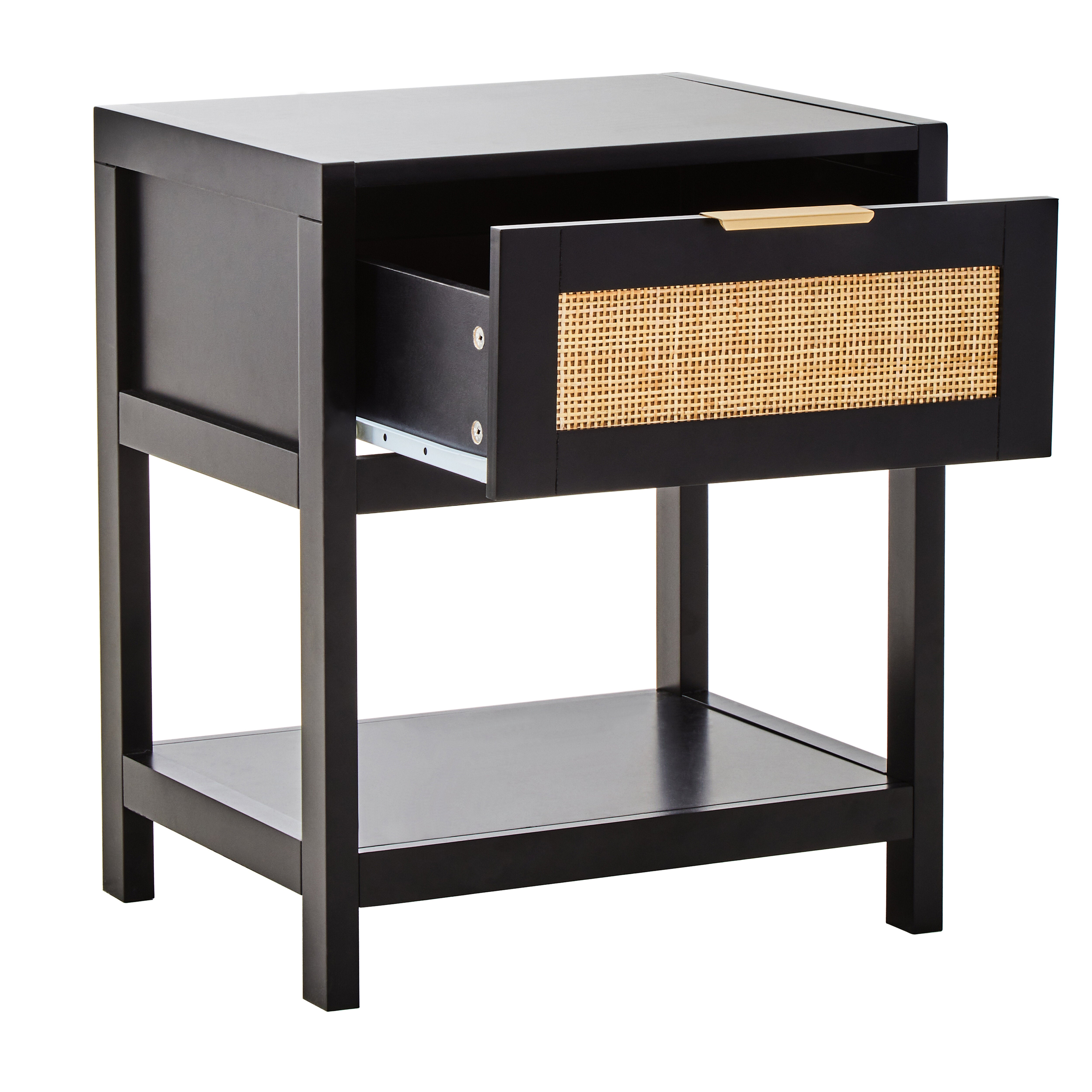Burwood Black Wood & Rattan Bedside Table | 1 Drawer